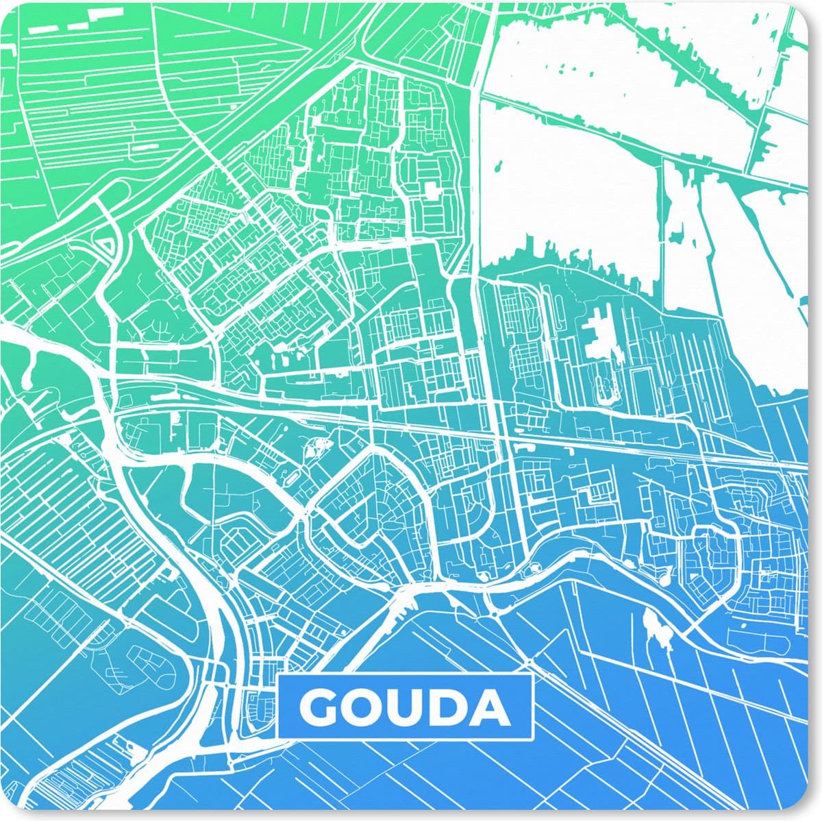 Muismat XXL 60x60 cm - Bureau onderlegger - Bureau mat Stadskaart - Gouda - Nederland - Blauw - Bureaumat - Gaming mousepad xl - Bureaulegger groot - Computer deskmat