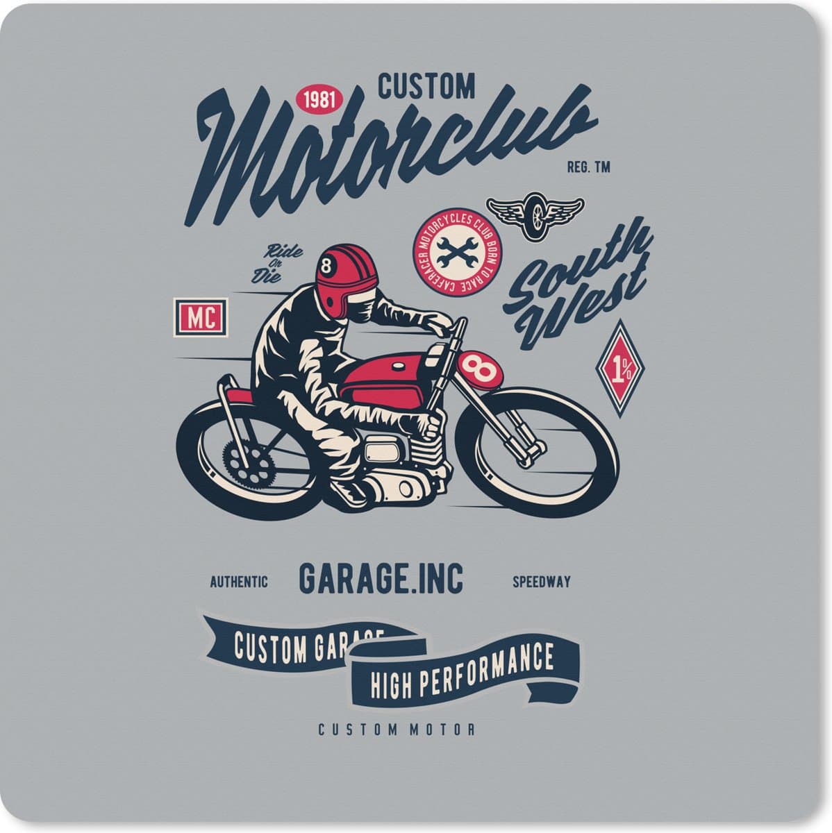 Muismat XXL 80x80 cm - Bureau onderlegger - Bureau mat Motorfiets - Helm - Vintage - Tekening - Bureaumat - Gaming mousepad xl - Bureaulegger groot - Computer deskmat