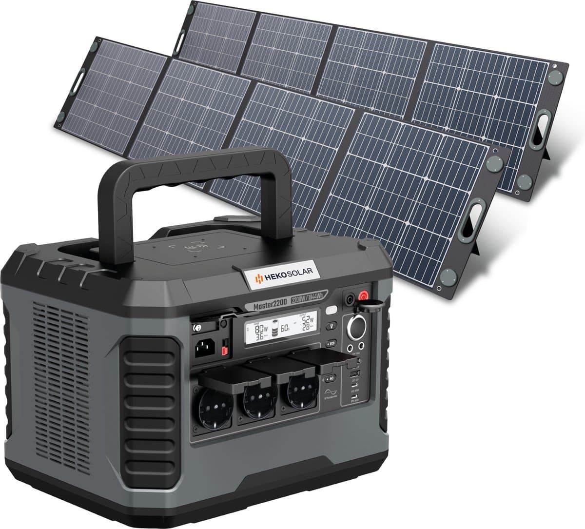 Heko Solar® Master 2200 + Unfold 400 - Powerstation met Zonnepaneel - 2200W (4400W Piek) - 1944Wh Capaciteit - 400W Zonnepaneel - Draagbaar - Generator - Voor Noodpakket, Stroomuitval, Kamperen en Outdoor