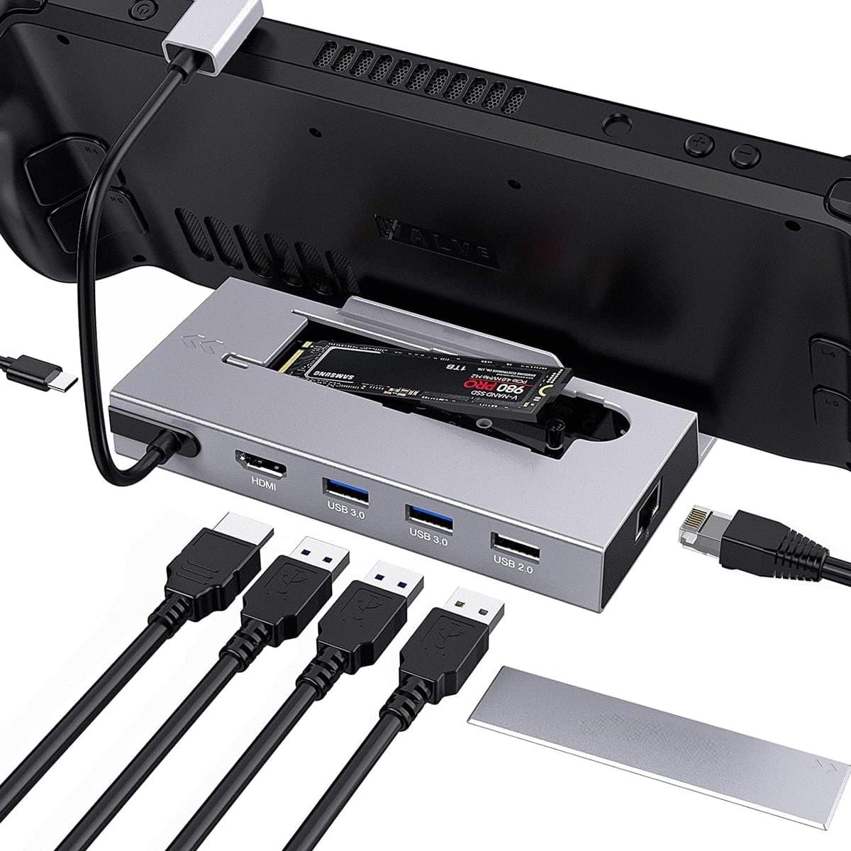 NÖRDIC DOCK-190 Steam Deck Docking station - 1xHDMI 2.0 4K60Hz, 1xM.2 SSD, 1xUSB-C PD 100W, 2xUSB-A 3.1, 1xUSB-A 2.0, 1xRJ45