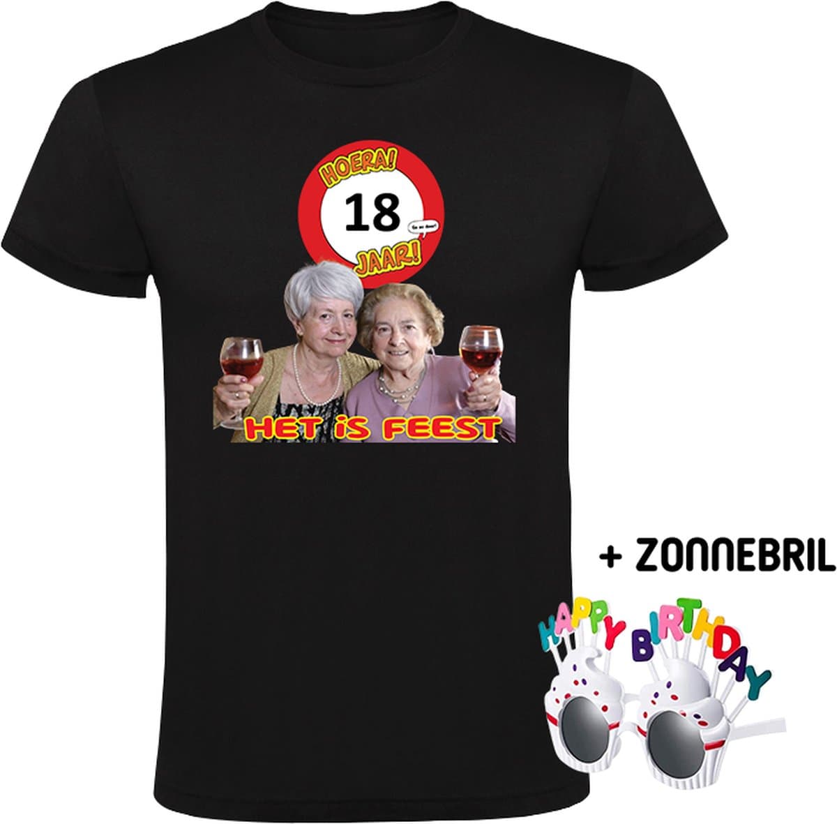 Hoera 18 jaar! Het is feest Heren T-shirt + Happy birthday bril - verjaardag - jarig - 18e verjaardag - oma - wijn - grappig