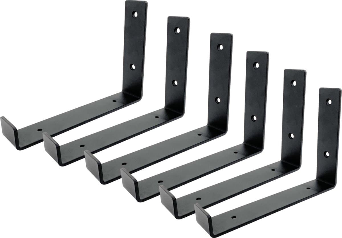 Maison DAM - 6x Plankdrager L vorm up - Industriële plankdragers – Voor een plank van 20cm – Mat zwart - Incl. bevestigingsmateriaal + schroefbit