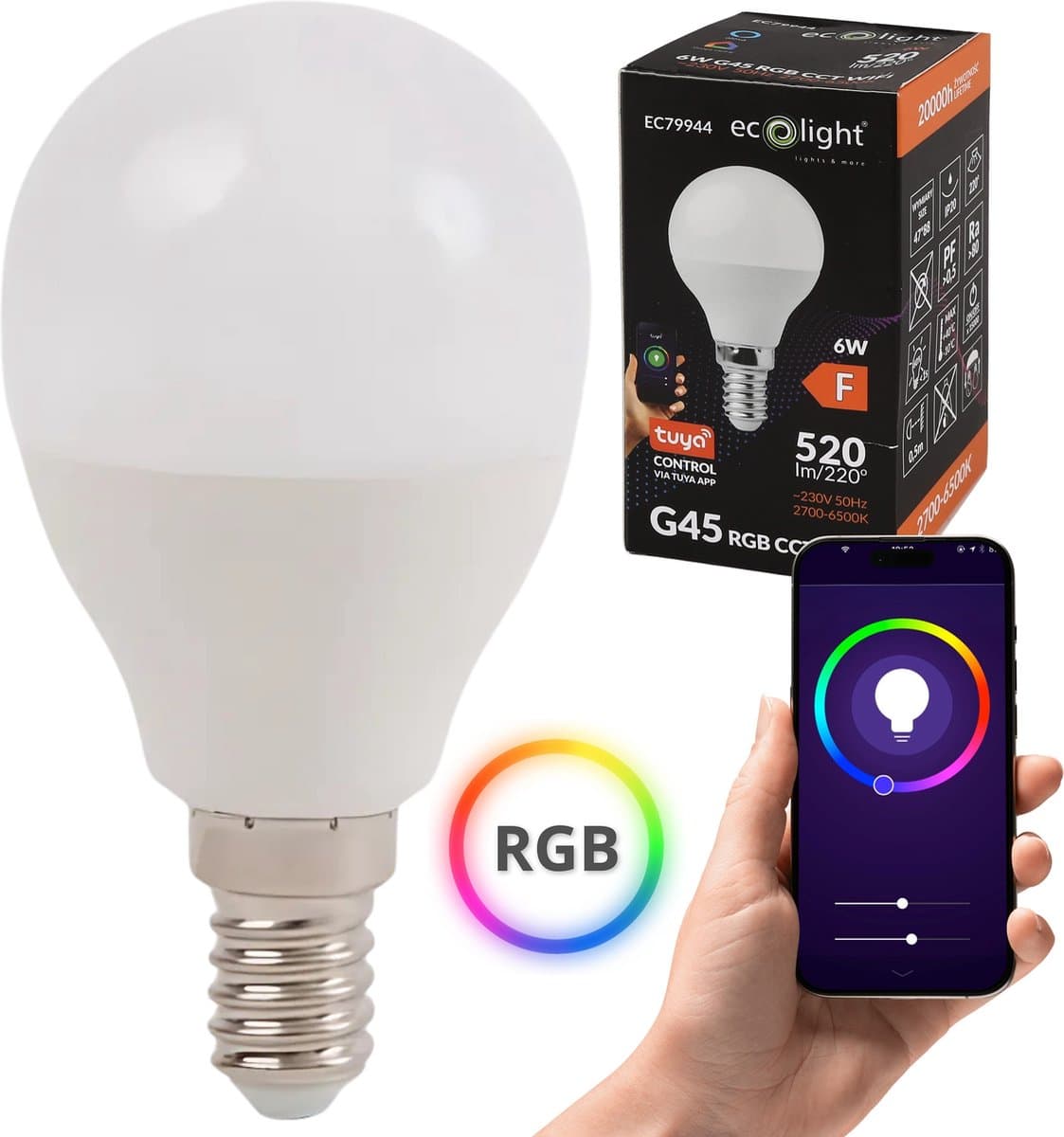 Bolvormige gloeilamp GOLF BALL E14 6W RGB CCT 520lm Wifi tuya - warm wit, energiezuinig