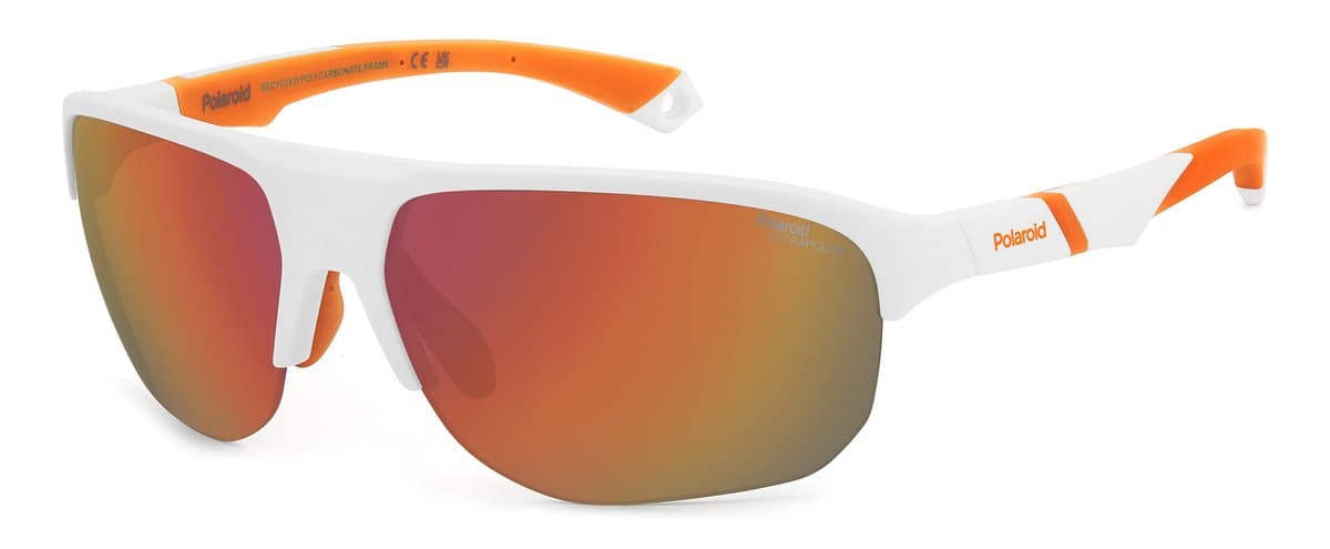 Polaroid® White & Orange Half Rim SportZonnebril Verstelbare Poten + Neus Halfopen Sport Zonnebril