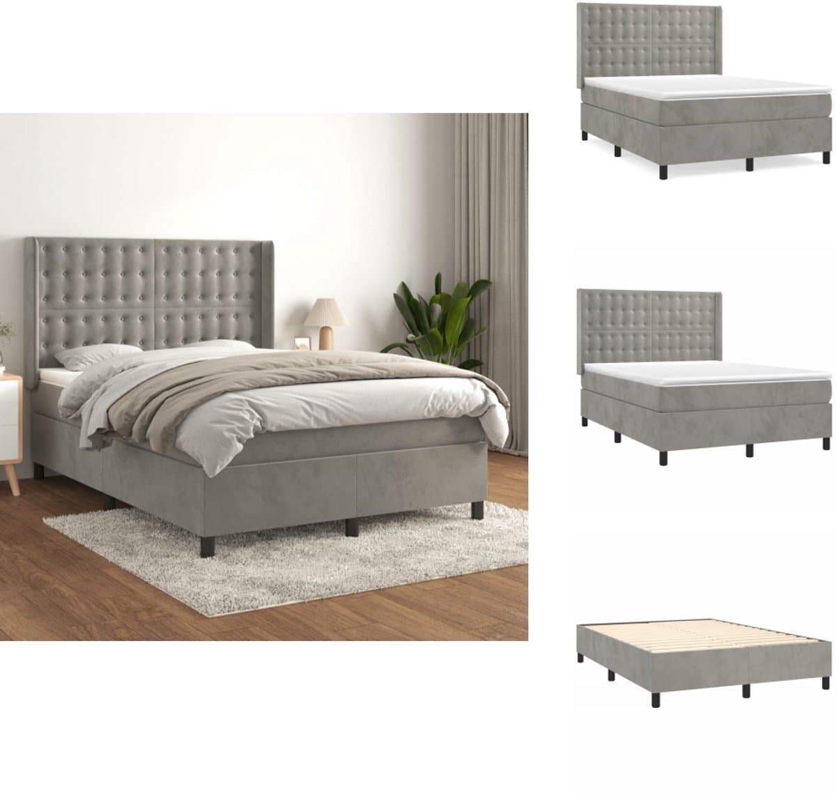 vidaXL Boxspring - Boxsprings - Bed - Slaapmeubel - Boxspring met matras fluweel lichtgrijs 140x190 cm