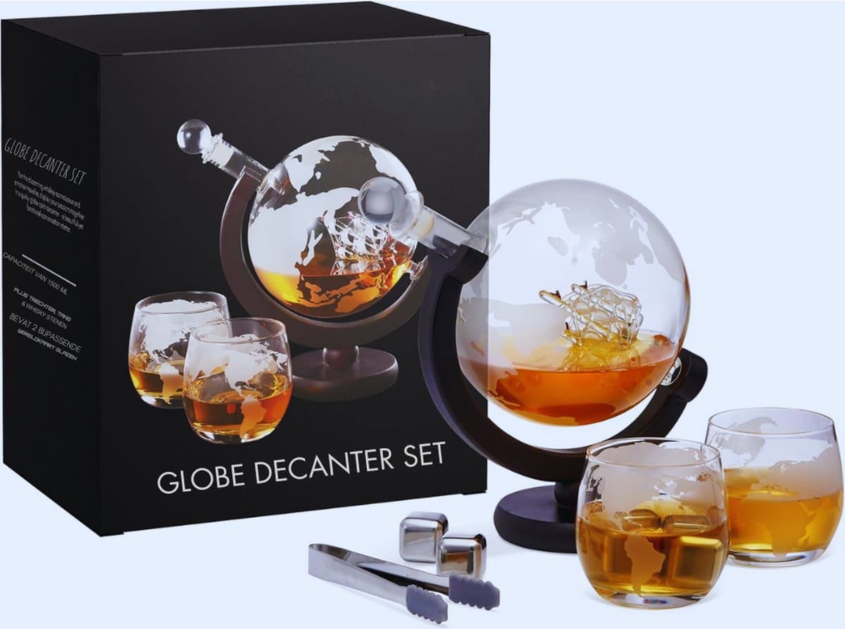 Globe Whisky Karaf Set Met Glazen - Whiskystenen En Ijstang - Perfect Verjaardags- En Valentijnscadeau Voor Mannen (1500ml)