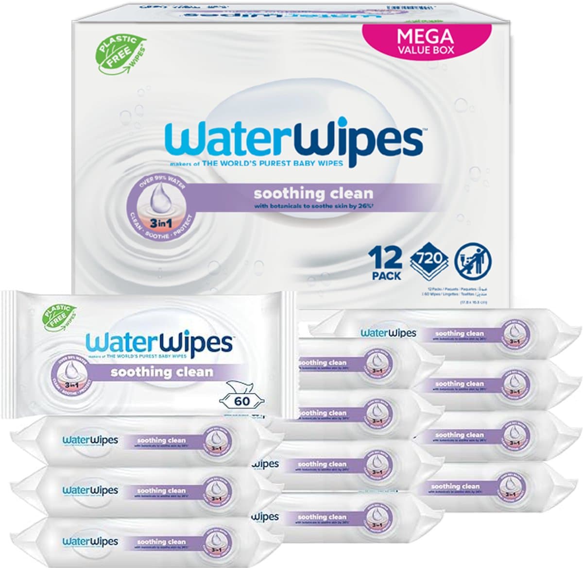 WaterWipes Soothing Clean Babydoekjes - 12 x 60 Stuks = 720 Doekjes