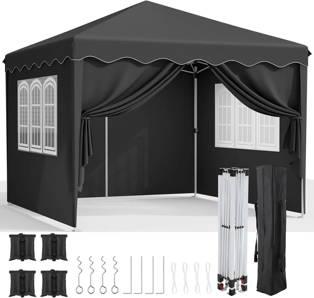 Asaam Pop-up Luifel- Zijwanden- Winterpaviljoen voor buiten- Verstelbare beenhoogtes -Ramen- Draagtas -Feesttent (3x3m)-Zwart