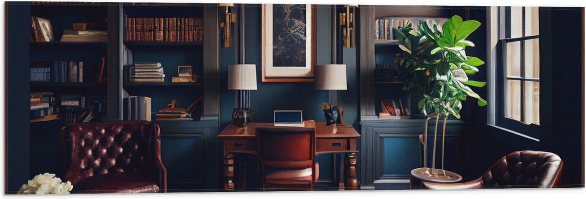 Vlag - Kamer - Bruin - Stoelen - Plant - Boeken - Kantoortje - 90x30 cm Foto op Polyester Vlag