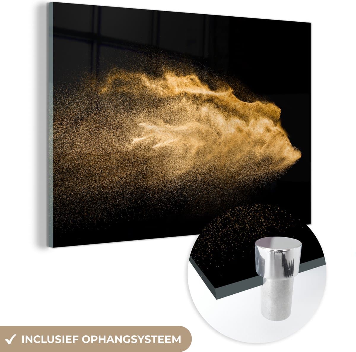 MuchoWow® Glasschilderij 60x40 cm - Schilderij acrylglas - Zand - Goud - Zwart - Luxe - Kunst - Foto op glas - Schilderijen
