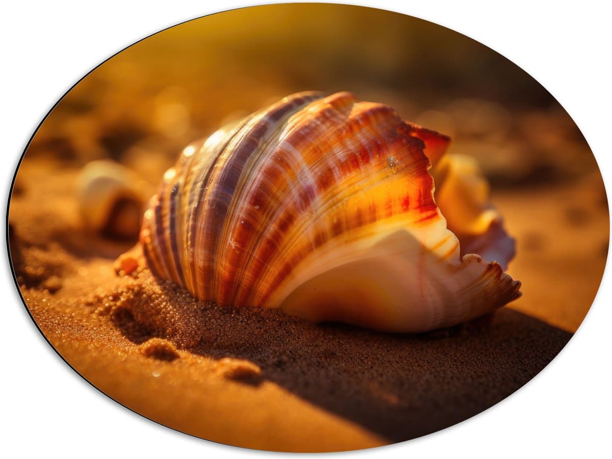 Dibond Ovaal - Schelp - Strand - Zand - Kleuren - 68x51 cm Foto op Ovaal (Met Ophangsysteem)