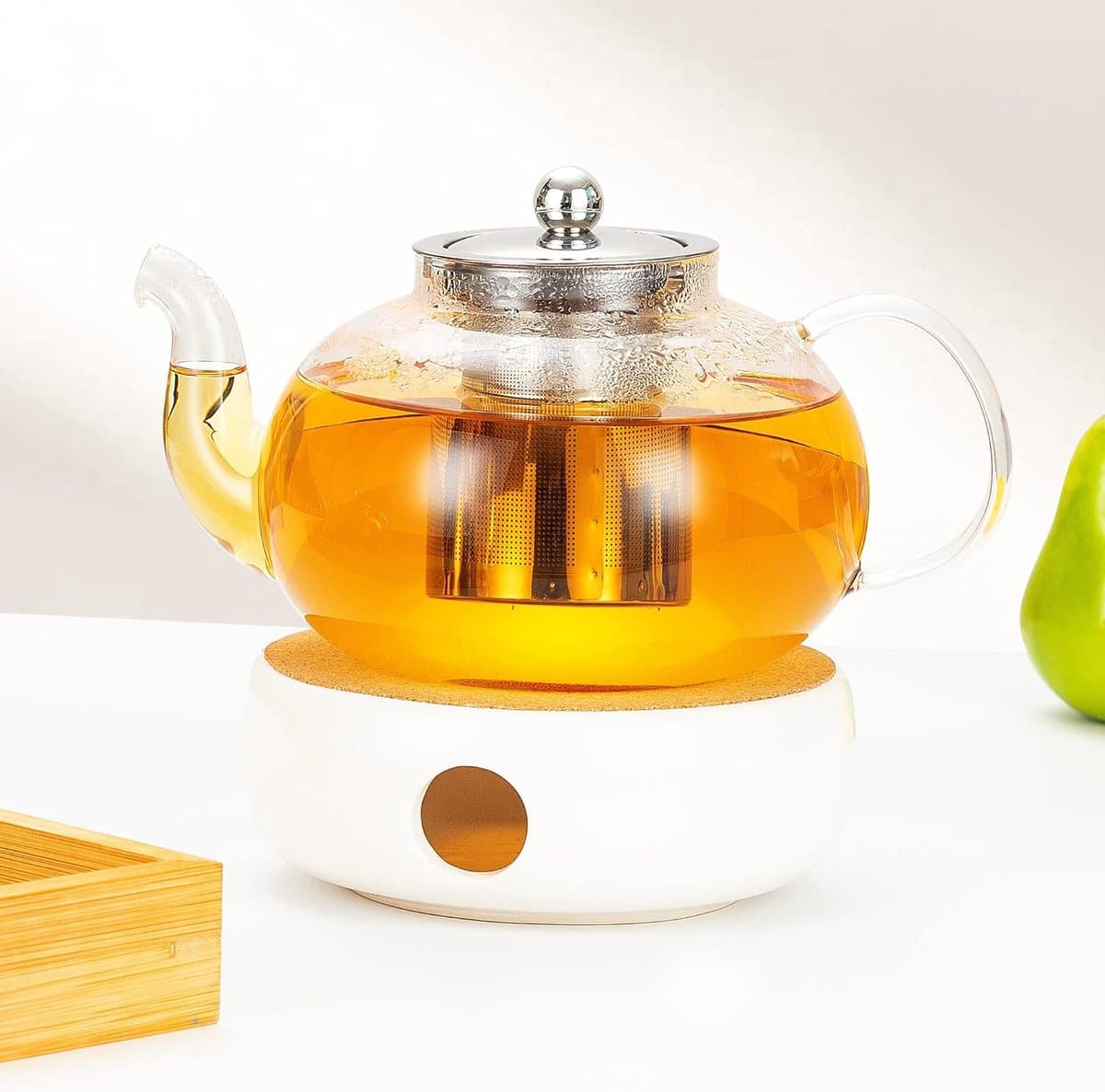 - Glazen theepot met infuser, theepot, glazen theeketel met fornuis, veilig, bloeiende en losse blaadjes, 1200 ml + theewarmer)