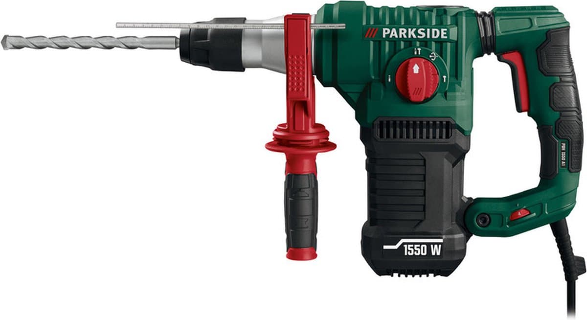 PARKSIDE® Boor- en breekhamer met SDS-plus - Vermogen: 1550 W - Toerental: 0–3900 tpm - Slagenergie: 5 joule - Inclusief 3x SDS-boor, spitse beitel, vlakke beitel, metaaldiepteaanslag, tandkransboorhouder en montagesleutel