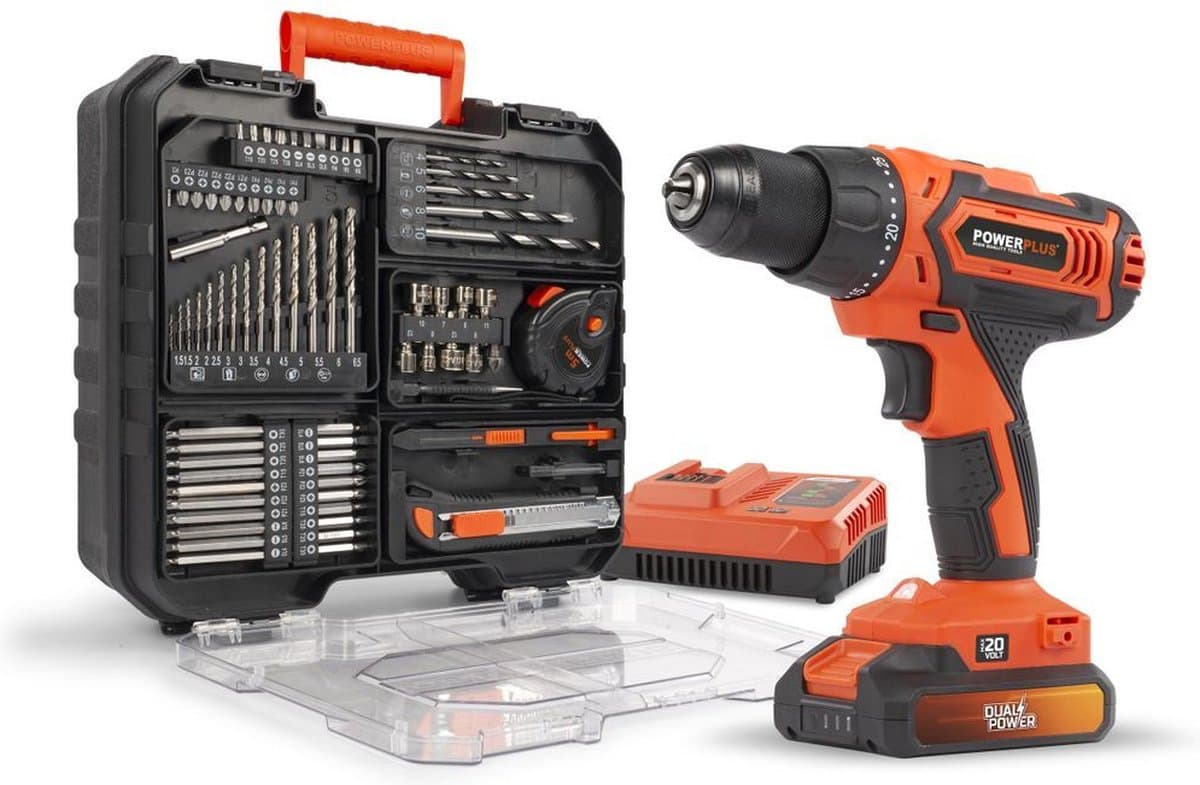 POWERPLUS 20V Accuboormachine POWDP15300 met 1 Accu, Oplader en 78 Accessoires, Max Koppel 40 Nm, 2 Snelheidsinstellingen