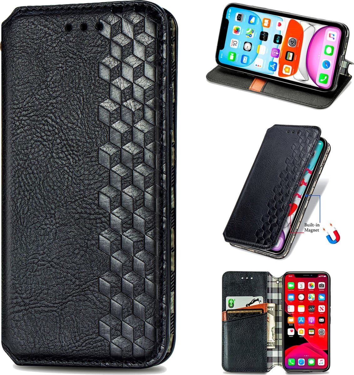 Luxe PU Lederen Ruitpatroon Wallet Case + PMMA Screenprotector voor Xiaomi Redmi Note 9T 5G _ Zwart