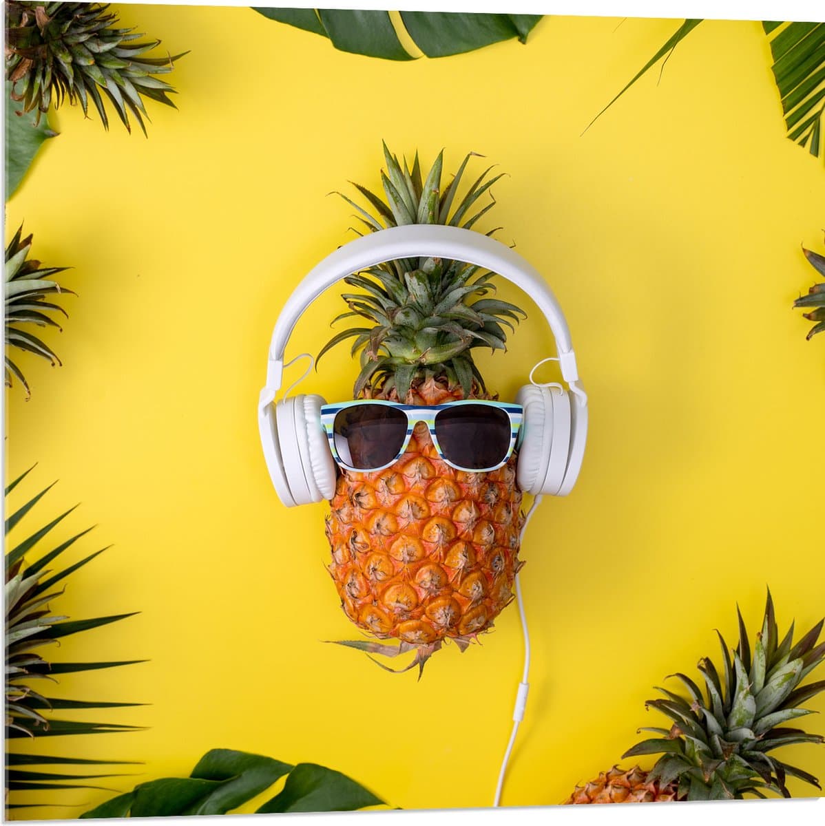 Acrylglas - Ananas met Witte Headset op Felgele Achtergrond - 80x80 cm Foto op Acrylglas (Wanddecoratie op Acrylaat)
