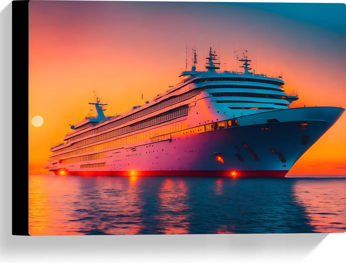 Canvas - Enorm Cruiseschip Varend over het Water tijdens Zonsondergang - 40x30 cm Foto op Canvas Schilderij (Wanddecoratie op Canvas)