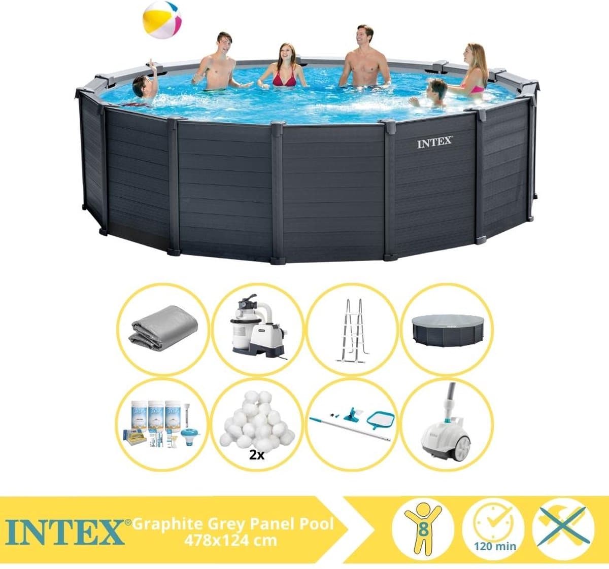 Intex Graphite Gray Panel Zwembad - Opzetzwembad - 478x124 cm - Inclusief Onderhoudspakket, Filterbollen, Onderhoudsset en Zwembad Stofzuiger
