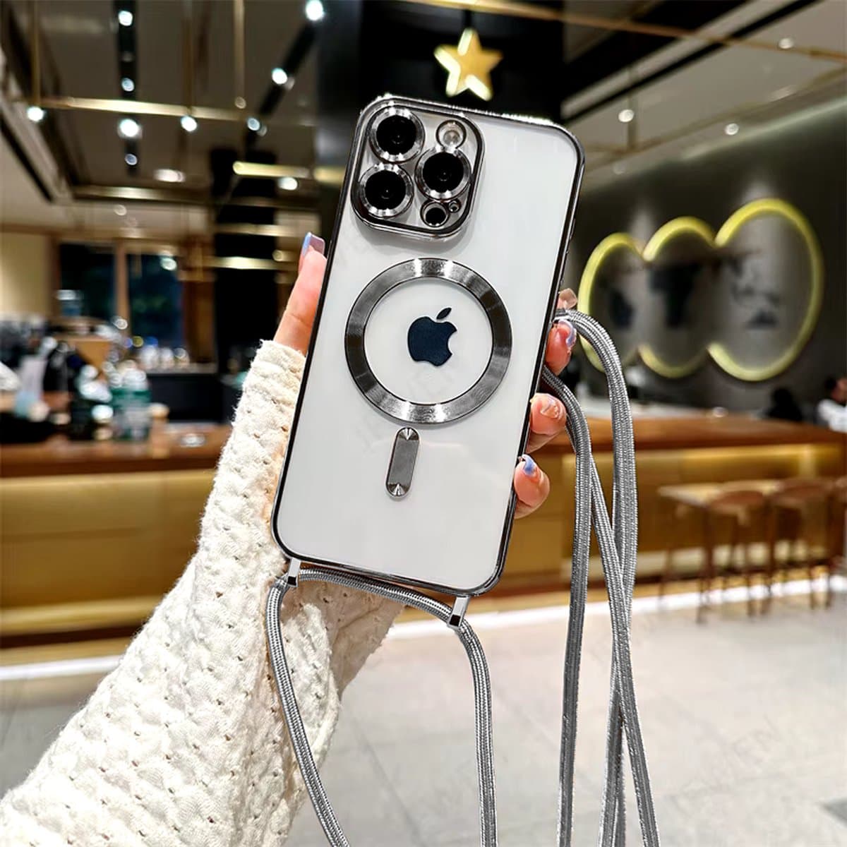 iPhone 14 Pro Magsafe Silicone Hoes met Koord / Touwtje - Zilver