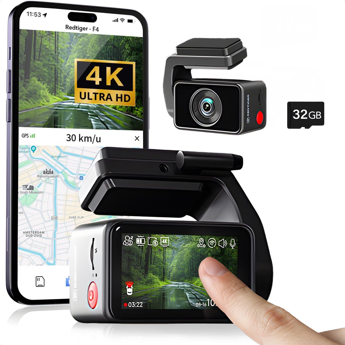 RedTiger F4 Dashcam voor auto - Ultra 4K - Voor camera - WiFi en GPS - 2 Inch met App - Dashcams - Sony Sensor - Nachtzicht - Parkeerbewaking - G Sensor - Loop opname -