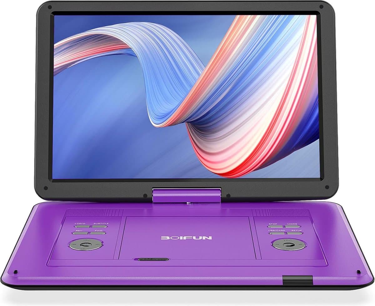 Boifun 17,5" draagbare dvd-speler met 15,6" HD groot draaibaar scherm voor in de auto, 4-6 uur speeltijd met batterij, geheugen-afspeelfunctie, ondersteuning USB/TF-kaart [Blu-ray niet ondersteund]