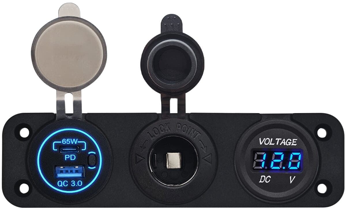 ProRide 12V USB Autolader 2 Poorten - 65W/QC3.0 - Voltmeter en 12V/24V Sigarettenplug - Drievoudig inbouw