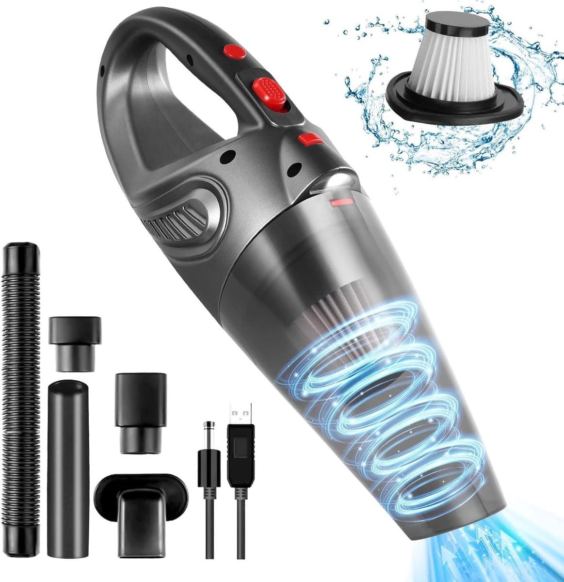 4-in-1 handstofzuiger 9000 PA met LED-licht - lichtere draadloze handstofzuiger 120W - autostofzuiger met USB-opladen met wasbaar filter