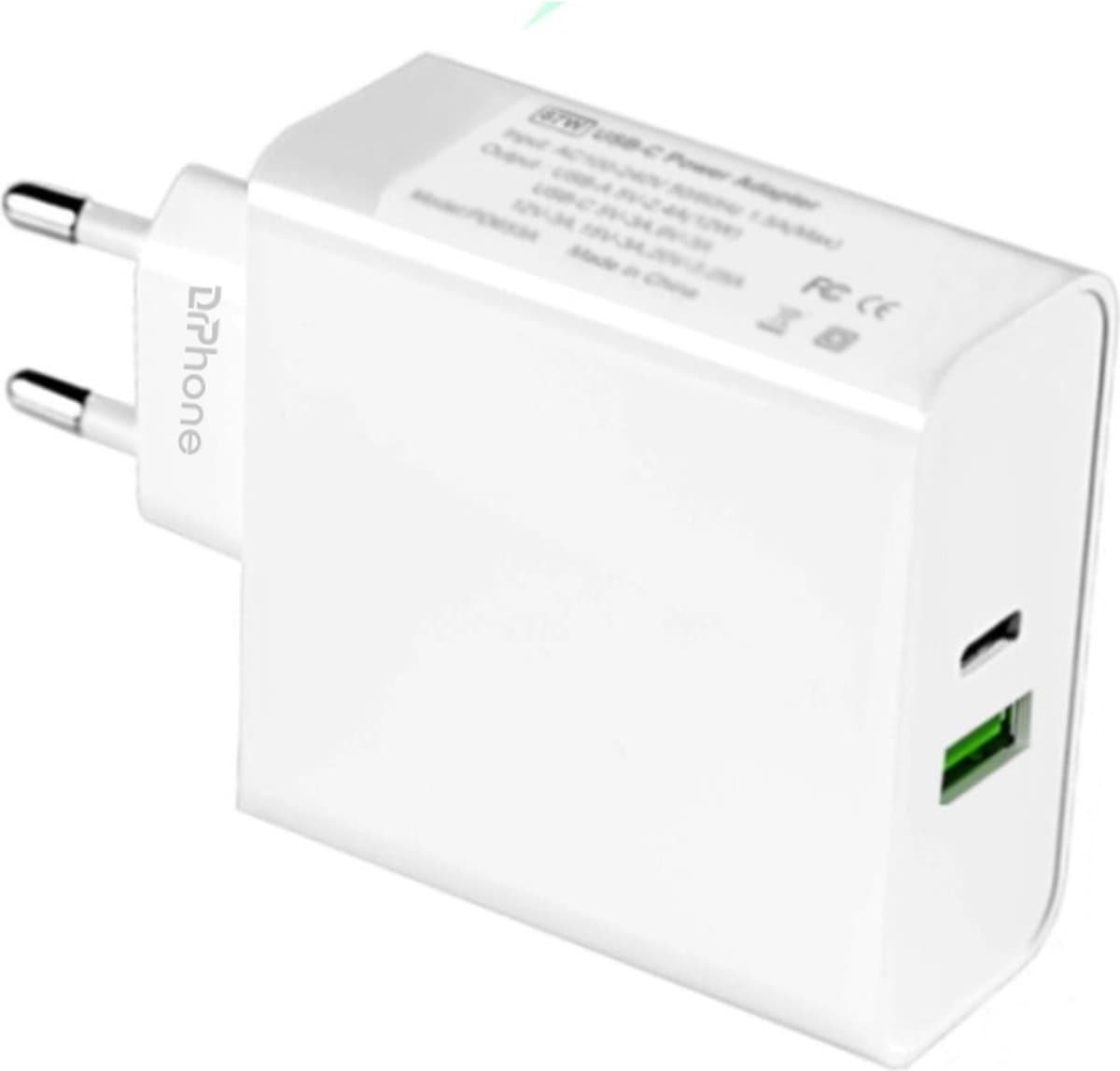 DrPhone XPC2 65 Watt Power Oplader – 2 Poorten PD 3.0 Snel Lader – Geschikt voor Smartphones / Laptop / Tablet - Wit