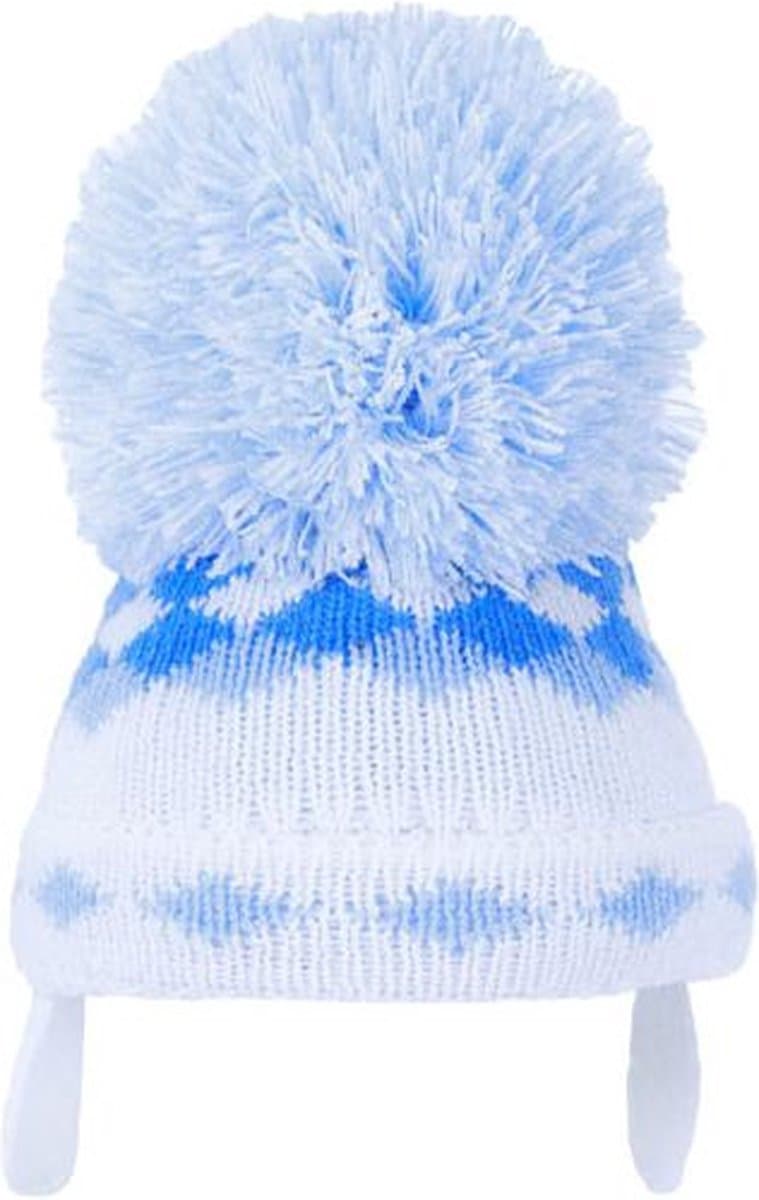 Soft Touch Babymuts Gebreid Met oorwarmers en Grote Pompom Jongens Acryl Blauw Met Ruitjes Mt 1-2 Jaar H484-SM