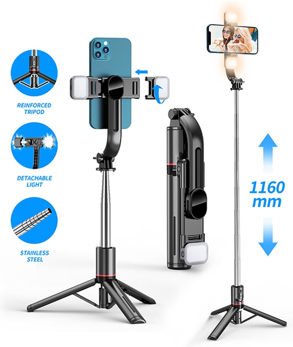 Selfie Stick Tripod - Smartphone Statief - Lichtfunctie LED lamp - Stok - Tripod - 360° Rotatie - Bluetooth Afstandsbediening - Lange Batterijduur - Geschikt voor: iPhone - Samsung - Selfiestick Universeel