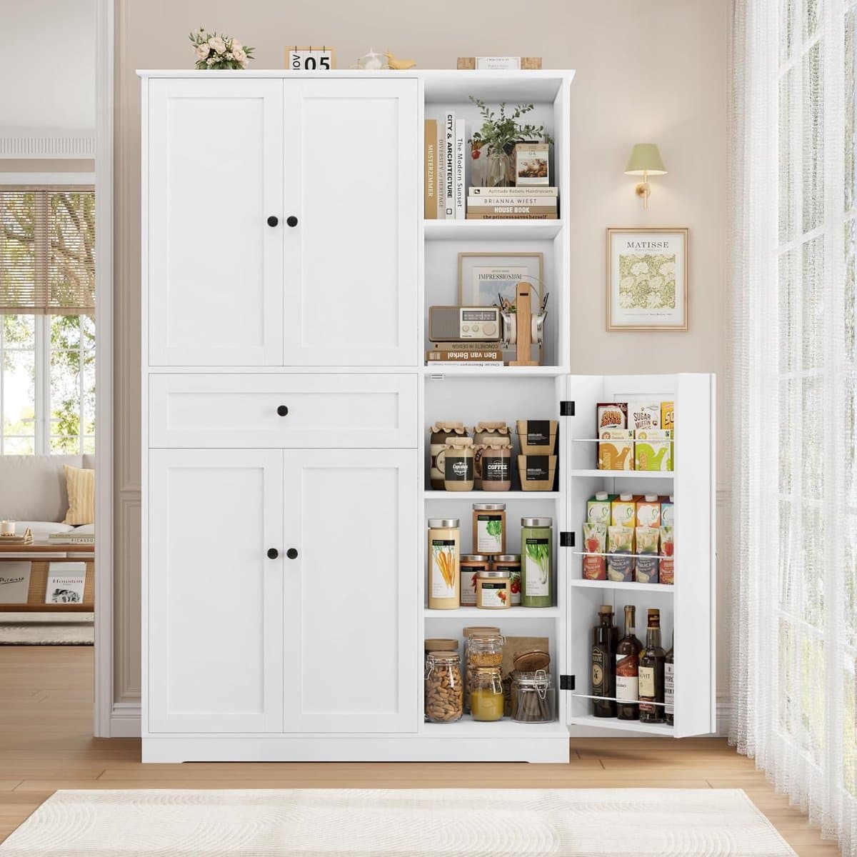 Luxe Multifunctionele Keukenkast met Kruidenrek en Lade – Hoge Voorraadkast 173 x 104 x 40 cm met 5 Deuren, Opbergruimte en Open Vakken – Moderne Witte Opbergkast voor Keuken, Woonkamer en Hal