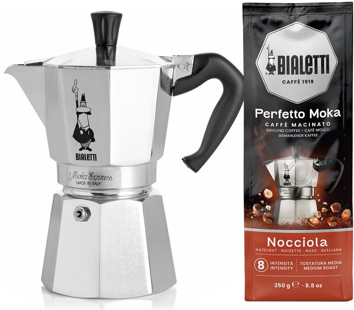 Bialetti Moka Express 3 kops + Bialetti Hazelnoot gemalen koffie 250gr