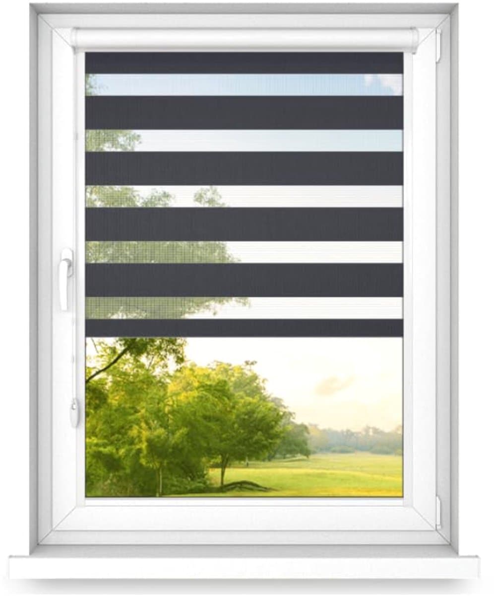 time4blinds - Dubbele Rolgordijnen Zonder Boren - Zebra-Rolgordijnen voor Ramen en Deuren - om te Plakken, met Aluminium Cassette, Lichtdoorlatende Stof - Antraciet, 1100x1900, Links