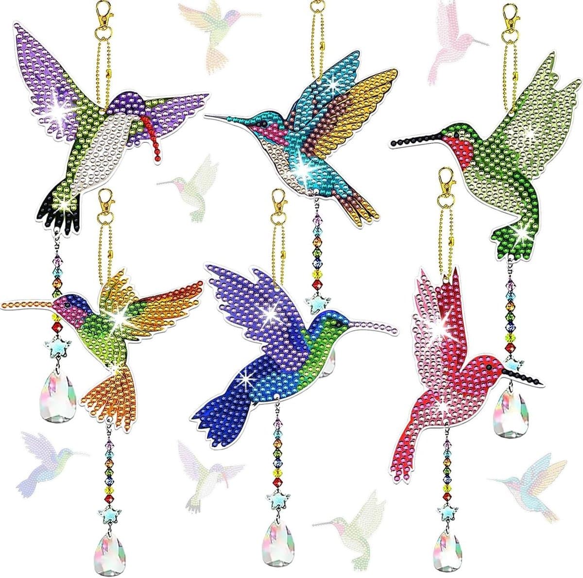 Diamond Painting Sleutelhangers - Doe-het-zelf Hanger - Handwerk Decoratie - Dubbelzijdig Ontwerp - 6 Stuks Set - Vogel Patroon