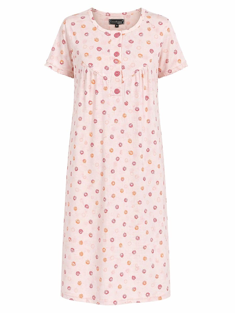 Cocodream - Klassiek nachthemd dames - Korte mouw - Peach Cirkelpatroon - Lang model - Maat M