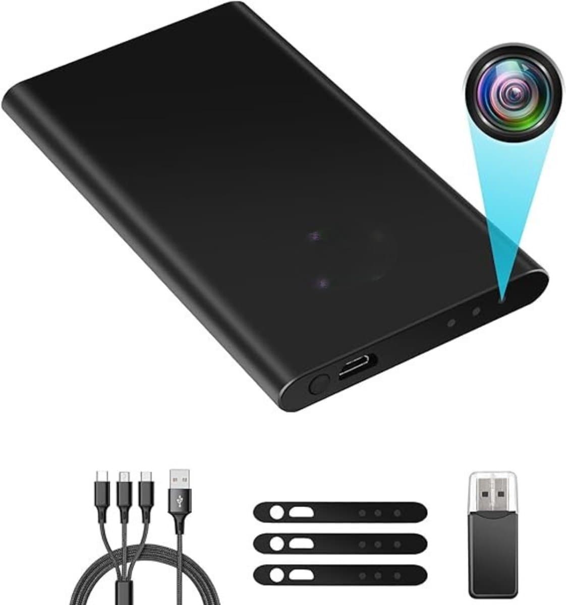 Thuys - Mini-bewakingscamera, HD 1080p, draagbare powerbank, bewakingscamera, mini-camera met accu, 5000 mAh, met nachtzicht en 3-in-1 oplaadkabel voor het opladen van mobiele apparaten