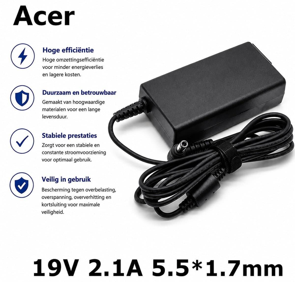 EISENZ Acer Laptop Adapter 19V 2.1A – Plug 5.5x1.7mm – Snelladen – Hoge Compatibiliteit - EZ1132