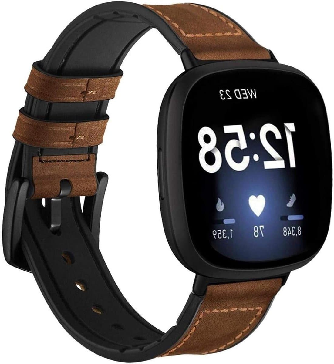 Leren Horlogeband voor Fitbit Versa 3/Sense, Vervangband van Echt Leer en Siliconen voor Mannen, Met RVS Sluiting, Bruin en Comfortabel