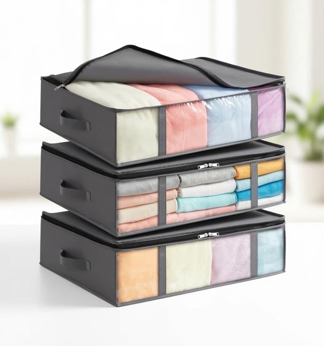 ElleMooi Opbergboxen voor Onder het Bed 3-pack, Opvouwbare Kledingopbergzakken met Doorzichtig Voorvenster, Kastorganizers 40L - Grijs