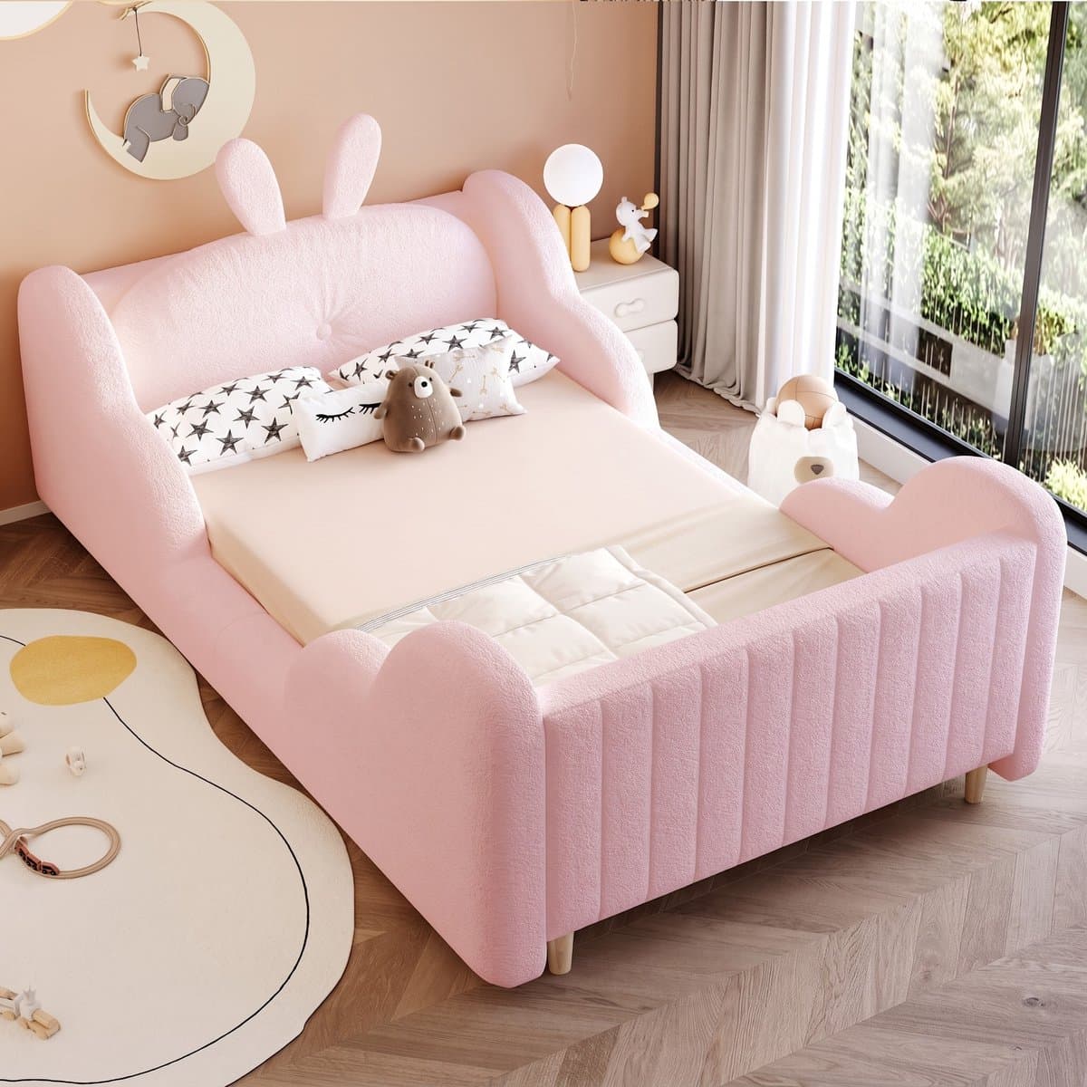 VVBV Gestoffeerd Kinderbed 90x200 cm met Konijnenoren, Voor Kinderen/Tieners - Fluweel/Teddy Pluche Roze - Zonder Matras