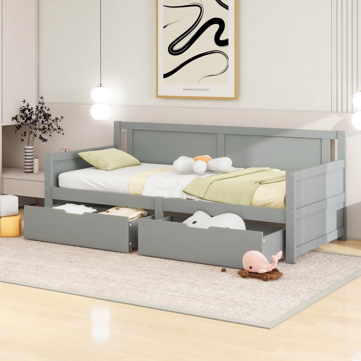 VVBV Slaapbank met Planken 90x200 cm - Voor Kinderen/Tieners - Massief Hout Grijs