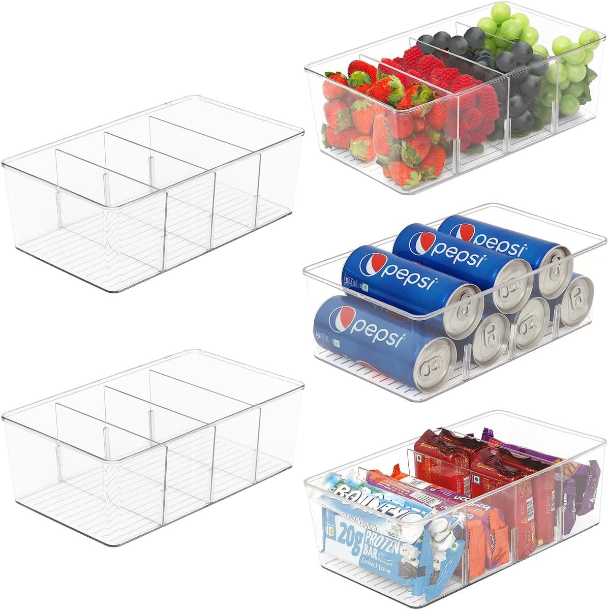 Dailygoods- Opslagbakken met Verdelers - Doorzichtige Koelkast Bakken - 5-Pak - Organisatie voor Snack en Blikjes - Verwijderbare Compartimenten - Keukenopslag - Opbergdozen