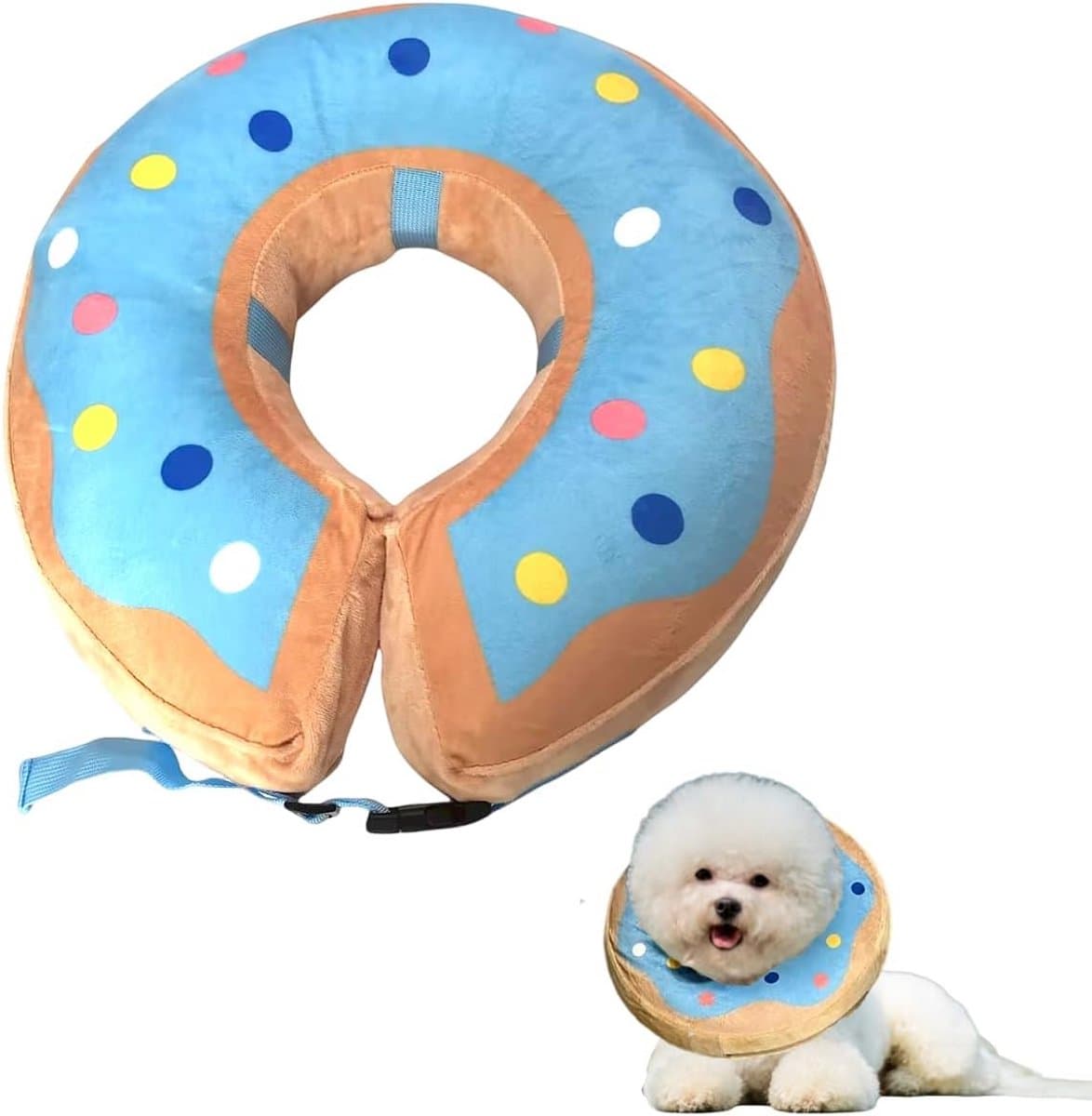 Little Bean Opblaasbare Elizabethaanse halsband voor honden, zachte beschermende herstelkussen voor grote honden, voorkomt dat huisdieren likken, bijten, wondgenezing (blauwe donuts, [hals: