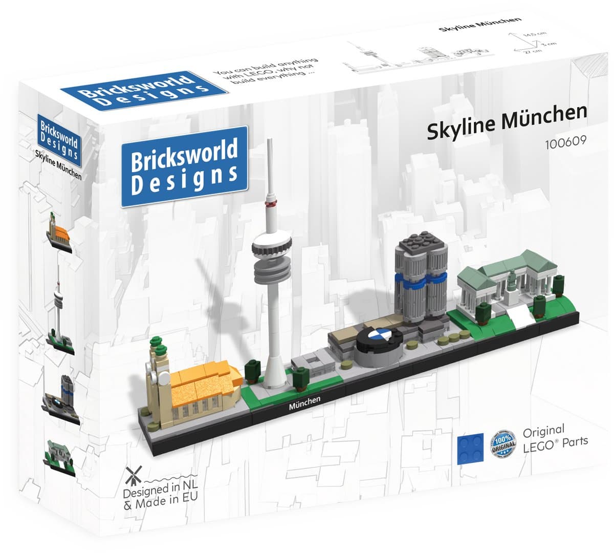 Bricksworld BOC-SKY-MUN Architectuur Skyline München (D) modules Frauenkirche, Olympiaturm, Vierzylinder & Ruhmeshalle. Samengesteld uit originele nieuwe LEGO® onderdelen.