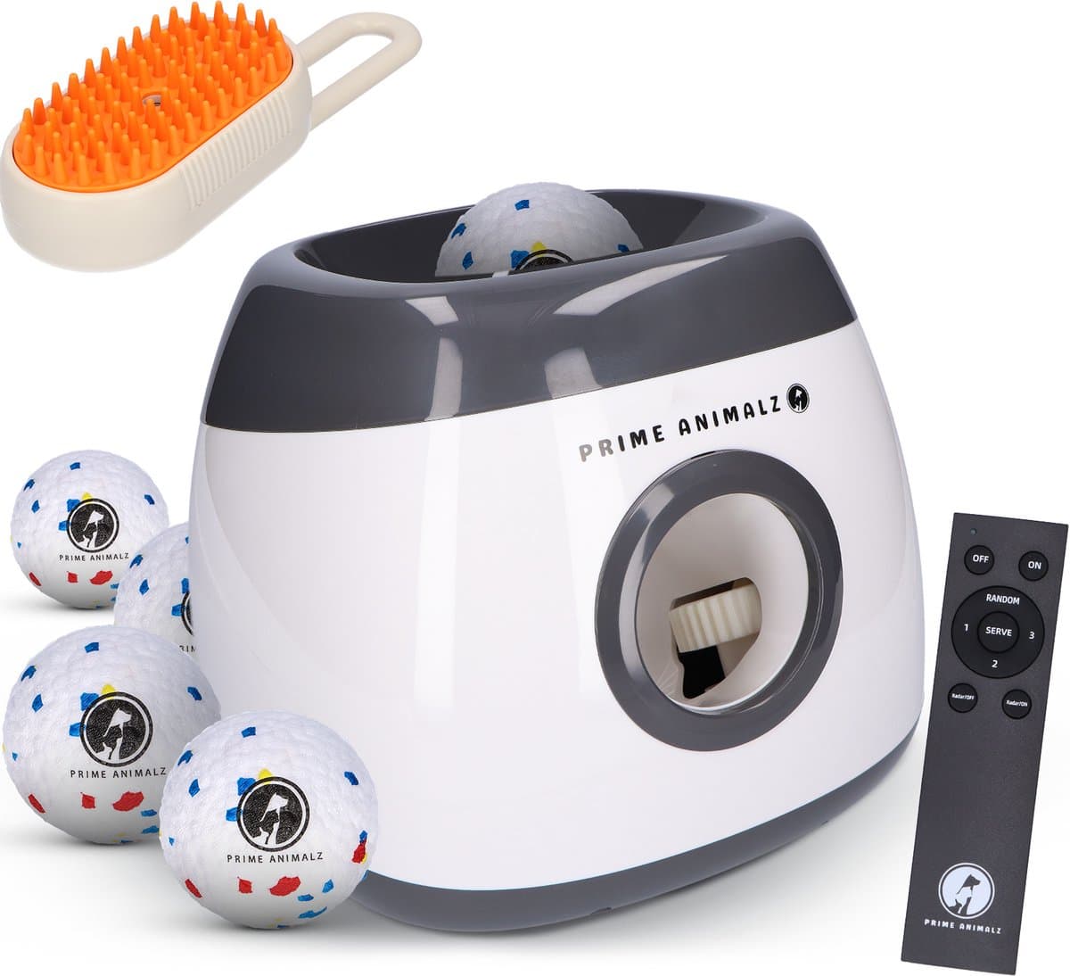 Automatische Ballenwerper Honden – Premium – Hondenspeelgoed – Apporteerspeelgoed – Ballenschieter Hond – 5 ETPU Ballen – Remote met Afstandbediening – Buitenspeelgoed Hond – Interactief Hondenspeelgoed – Prime AnimalZ – Grijs