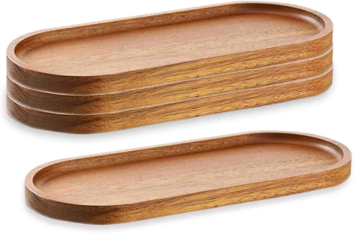 Houten dienbladen - Afmetingen 29x10 centimeter - Geschikt voor kaasplanken, fruit en hapjes, set van 4 ovale exemplaren
