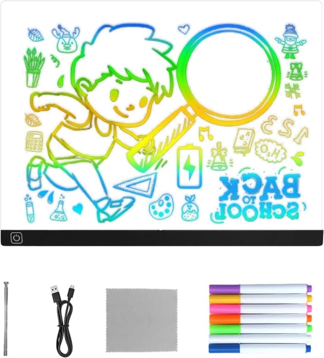 Led Tekenbord - Schrijftablet Tekenen - Creatief Spelen - 7 Kleuren Touch Control - 20x30 cm - Zwart