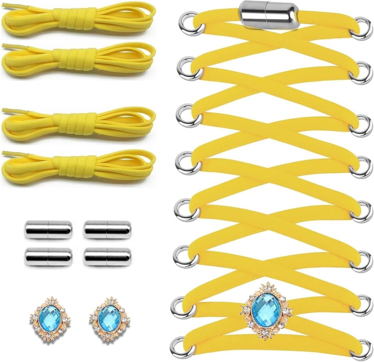 Elastische veters voor kinderen en volwassenen, ideaal voor werkschoenen, boots en sportschoenen met 4 metalen sluitingen en 2 decoratieve ornamenten