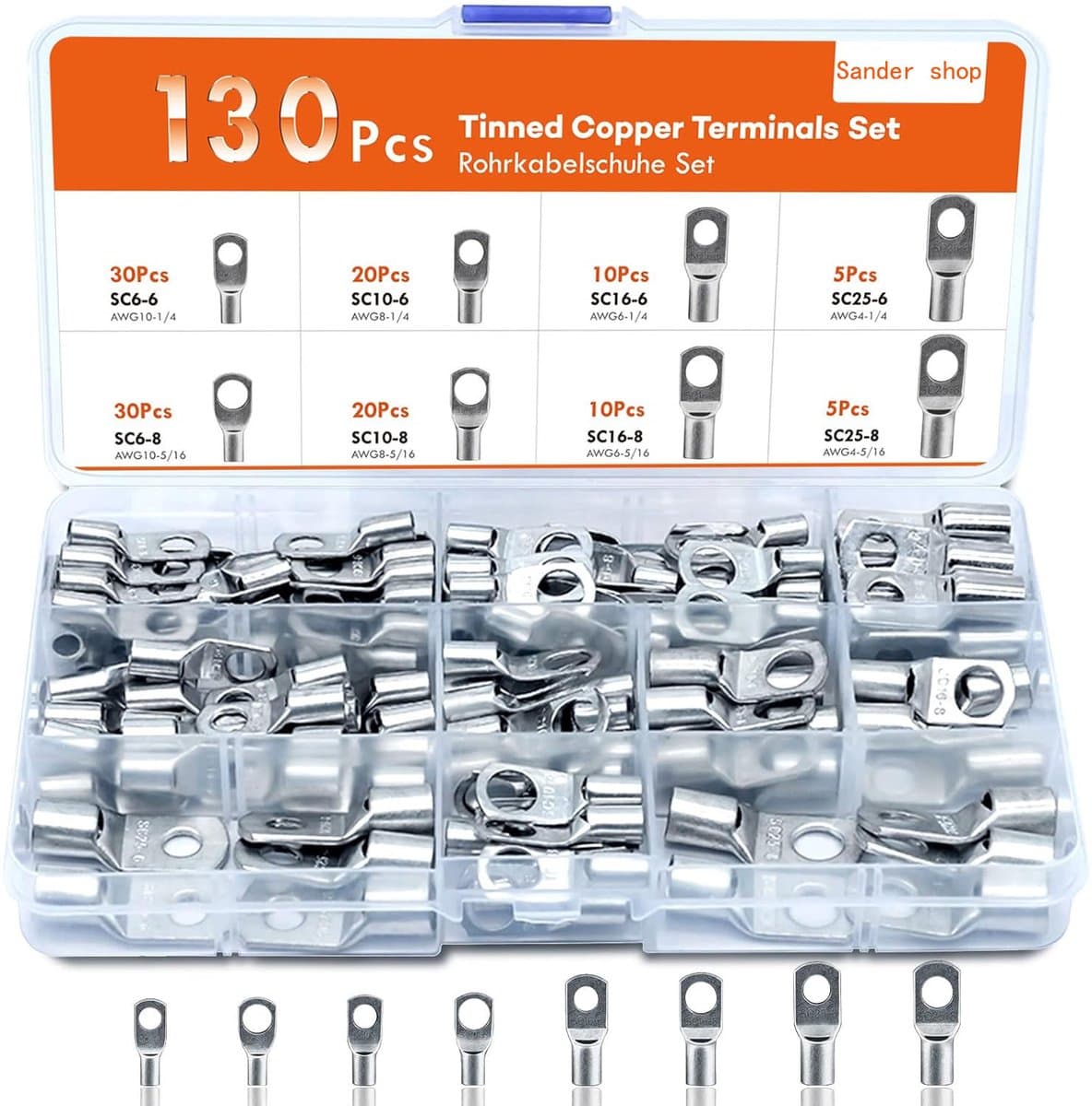 Sander Shop Kabelschoenen, buiskabelschoenen, set 130 stuks, kabelschoenenset, 25 mm², 16 mm², 10 mm², 6 mm², kabelschoenen, assortiment voor auto's, accukabels, ringkabelschoenen, set M6, M8