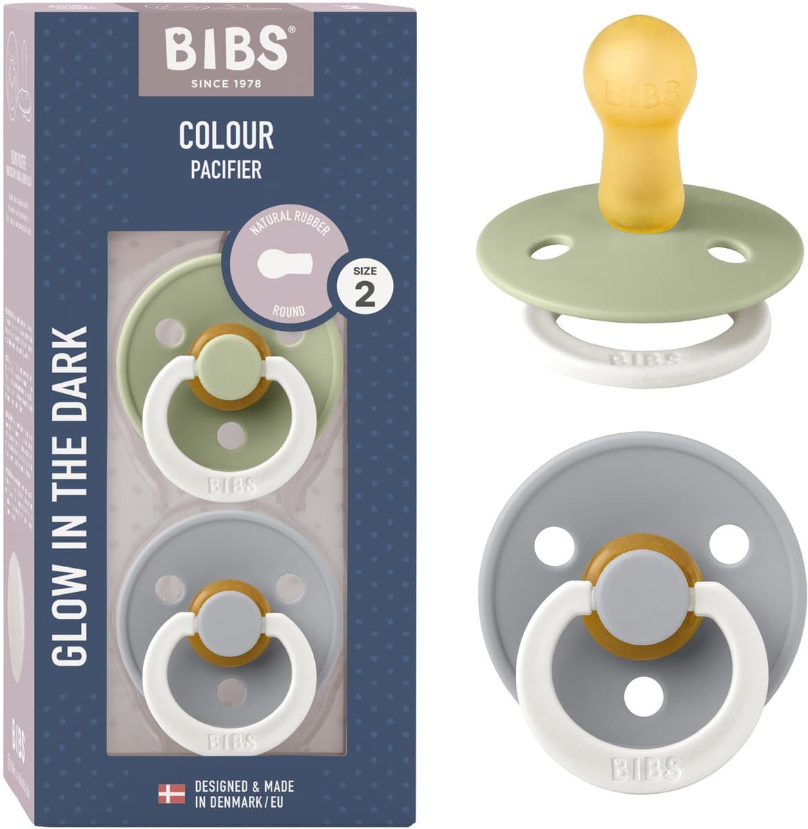 BIBS Colour Glow Speen verpakking van 2 stuks. BPA-vrij, Ronde speen. Natuurlijk rubberlatex, Gemaakt in Denemarken. Maat 2 (6-18 maanden), Sage Glow / Cloud Glow